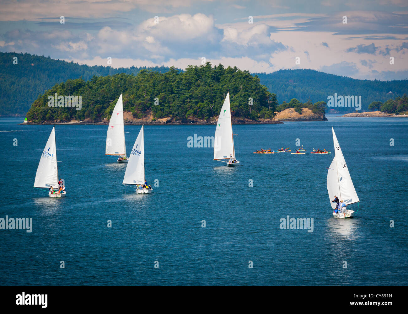 Segelboote und Kajaks in der Puget Sound Stockfoto