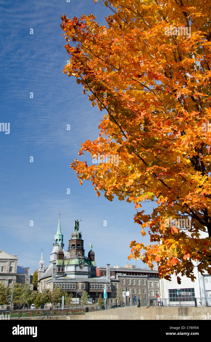 Kanada, Quebec, Montreal. Herbst Laub Blick auf historische Marguerite Bourgeoys Museum & 300 Jahre alte Kapelle. Stockfoto