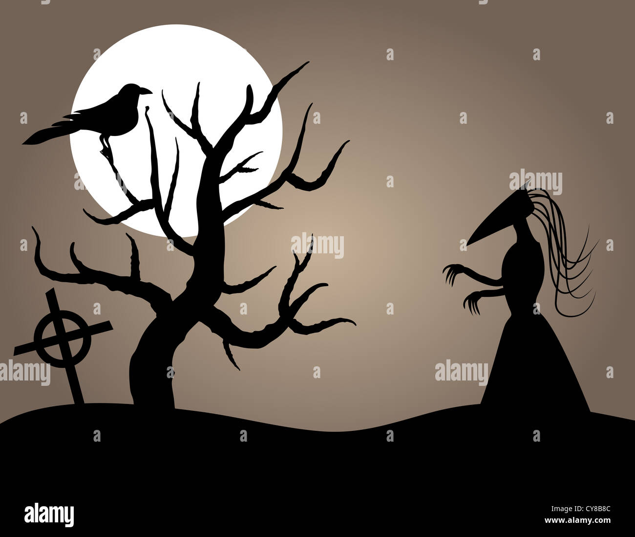Böse Halloween Kreatur in der Nähe von toten Baum und Crow Stockfoto