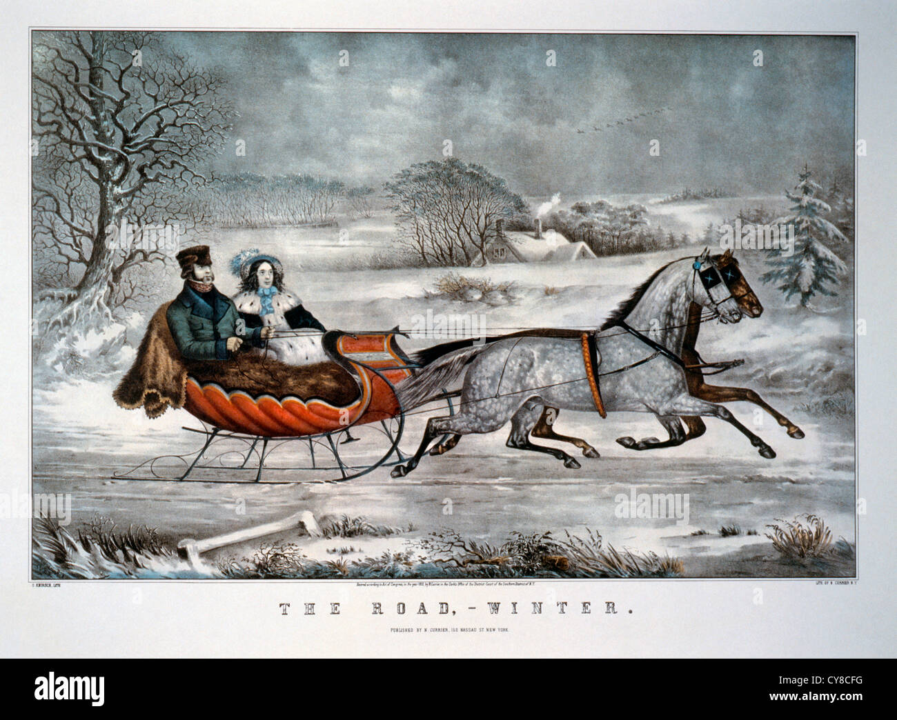 Paar in Pferd gezogenen Schlitten fahren, Lithographie die Straße, Winter, Currier & Ives, 1853 Stockfoto