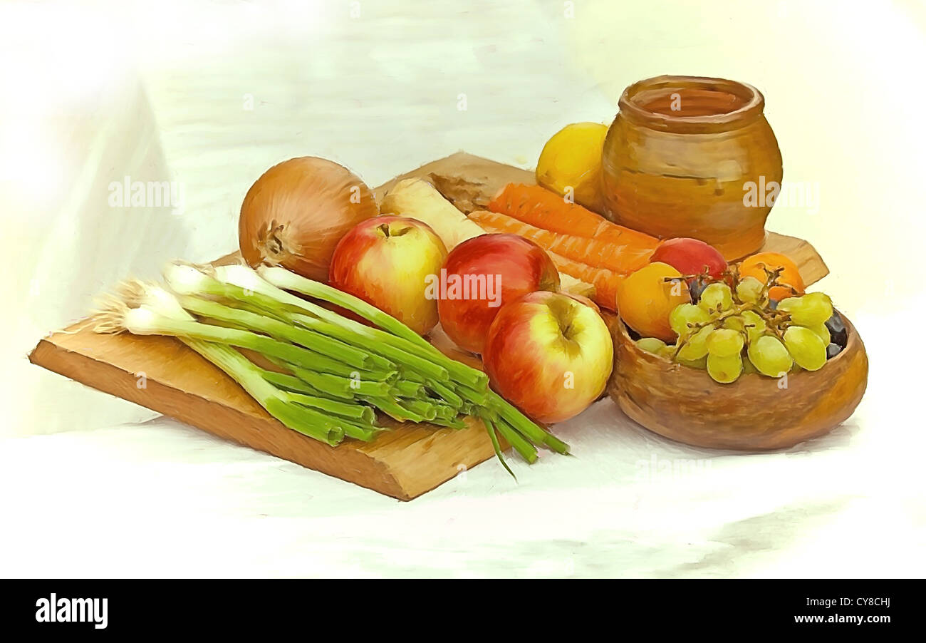 Obst und Gemüse an Bord Abbildung Stockfoto