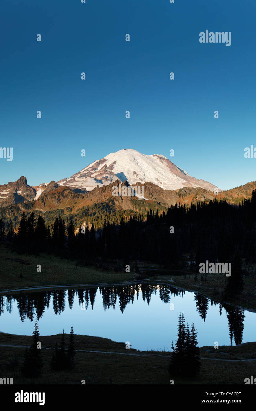 Mount Rainier widerspiegelt im Tipsoo See, an einem ruhigen Herbstmorgen, Mount-Rainier-Nationalpark, Washington, USA Stockfoto