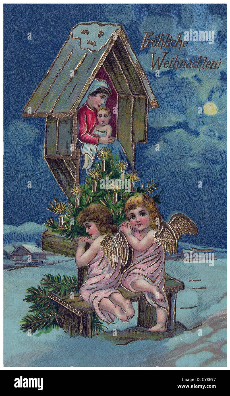Betender Engel auf Christmas Cottage Stockfoto
