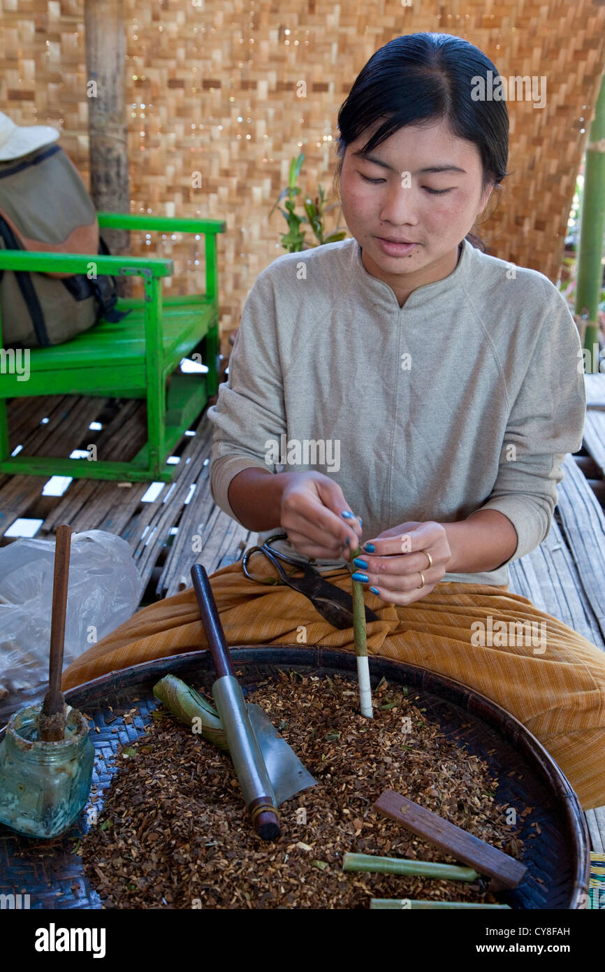 Myanmar, Burma. Burmesische Frau Intha ethnische Gruppe, die Cheroots, Inle-See, Shan-Staat. Stockfoto