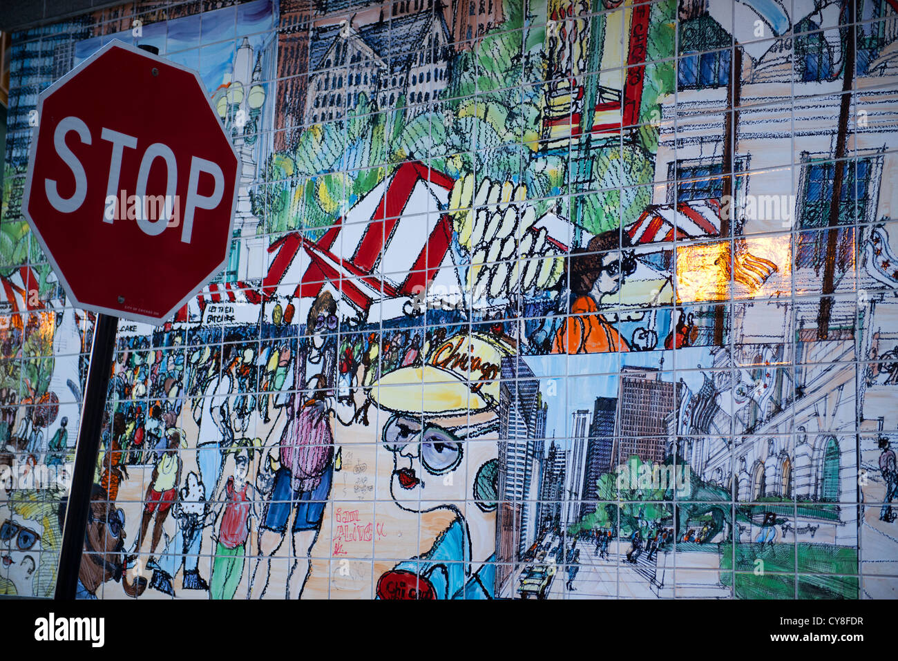 Kunst im öffentlichen Raum mit Fliesen, die das Stadtleben in Chicago. Stockfoto