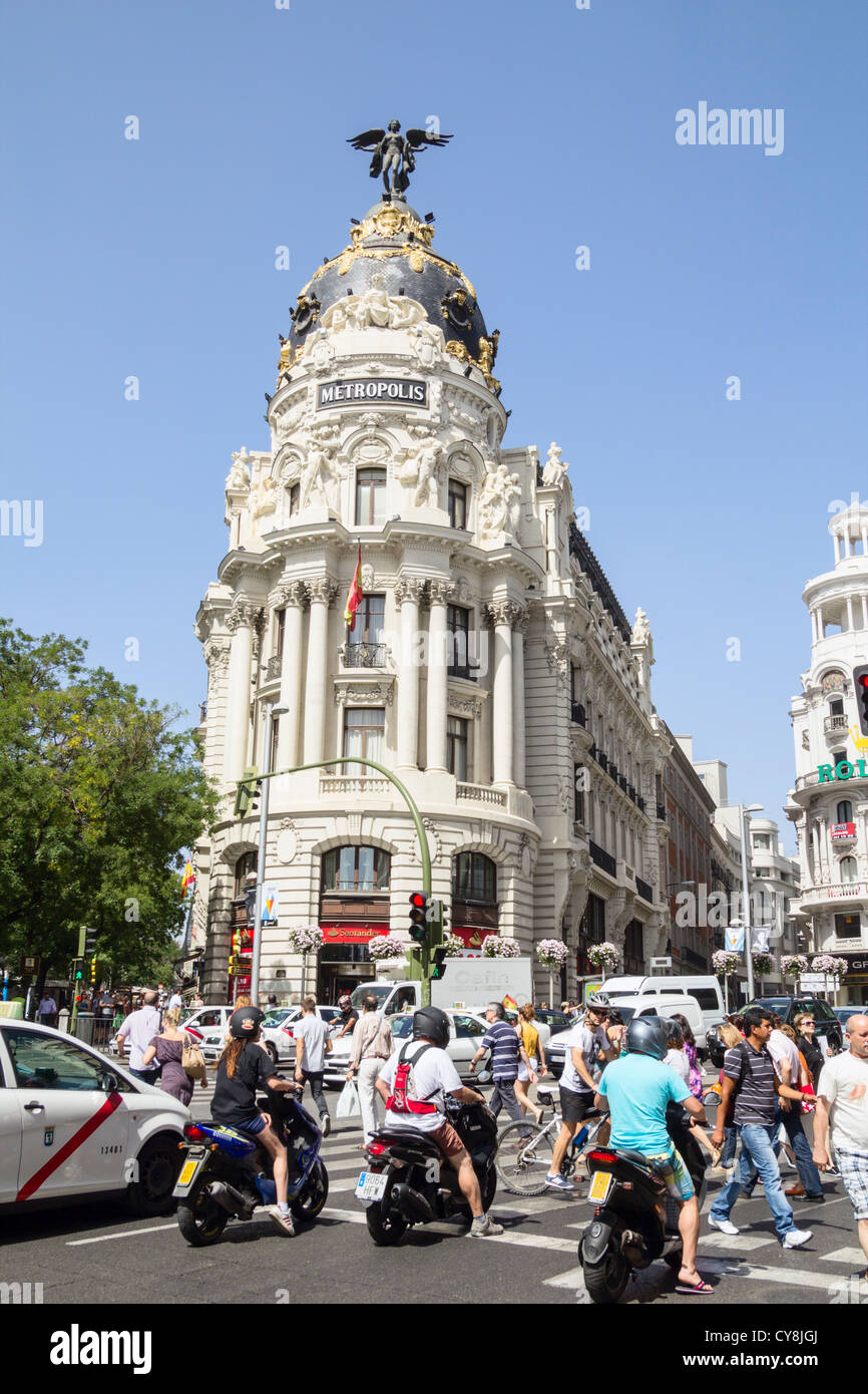 Metropole, die Gebäude an der Gran Via in Madrid, Spanien Stockfoto