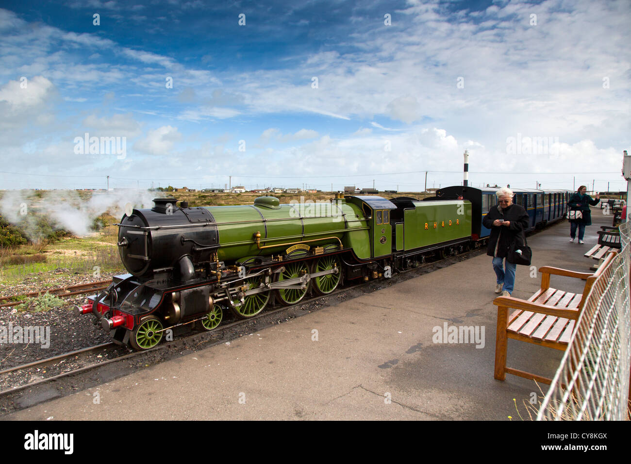 Romney Hythe und Dymchurch Railway; Zug; Dungeness-Station; Kent; UK Stockfoto