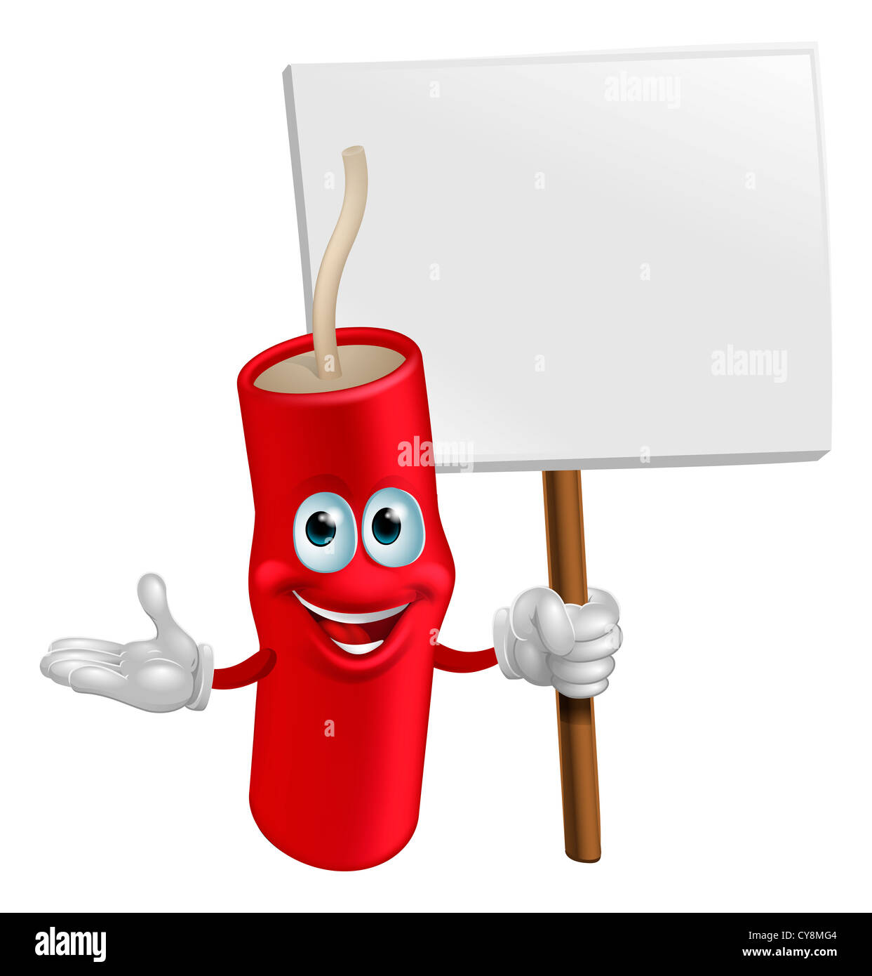 Cartoon glücklich lächelnde Dynamit-Maskottchen mit einem Schild Stockfoto