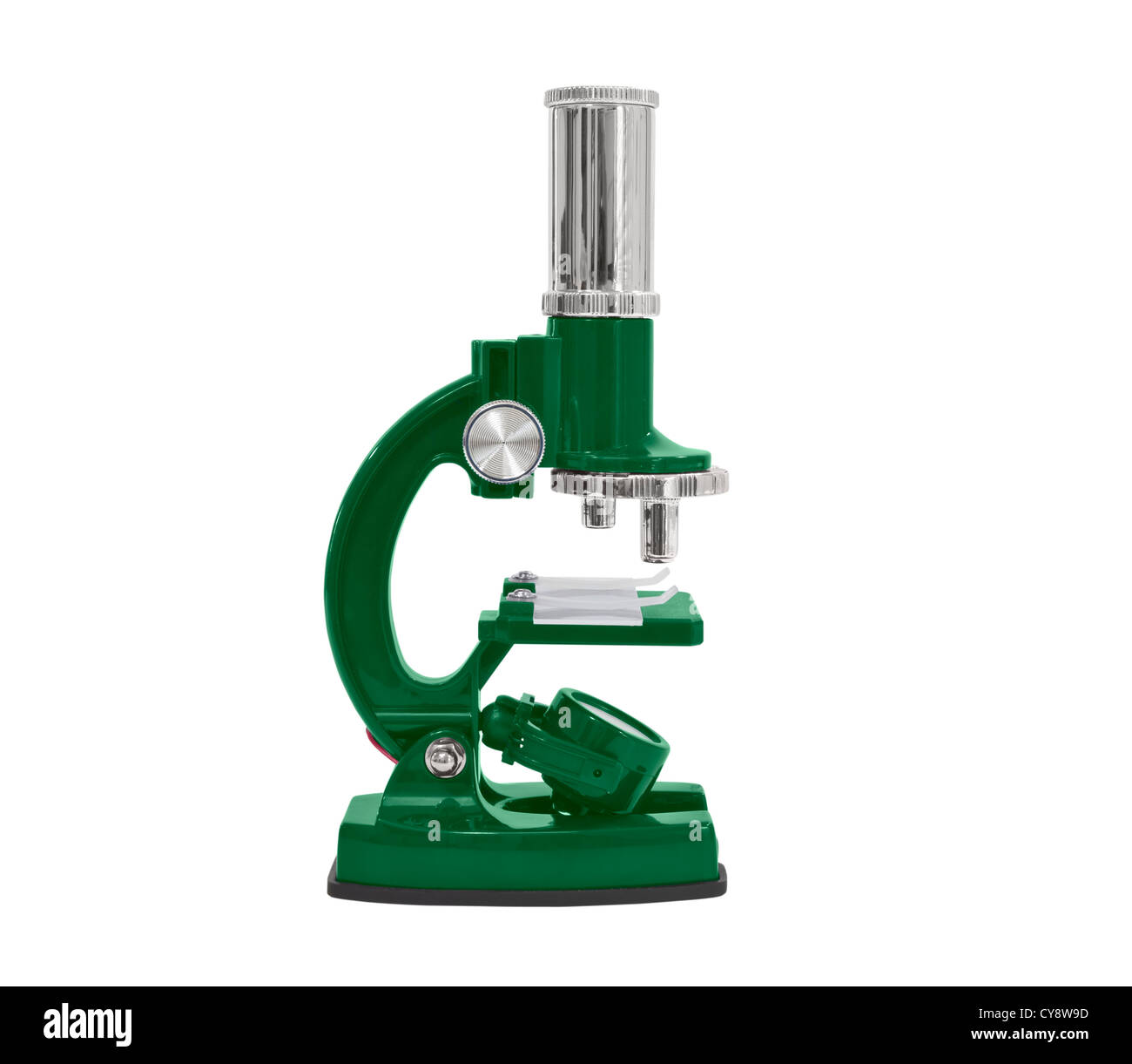 Grüne Mikroskop mit Beschneidungspfad isoliert. Stockfoto