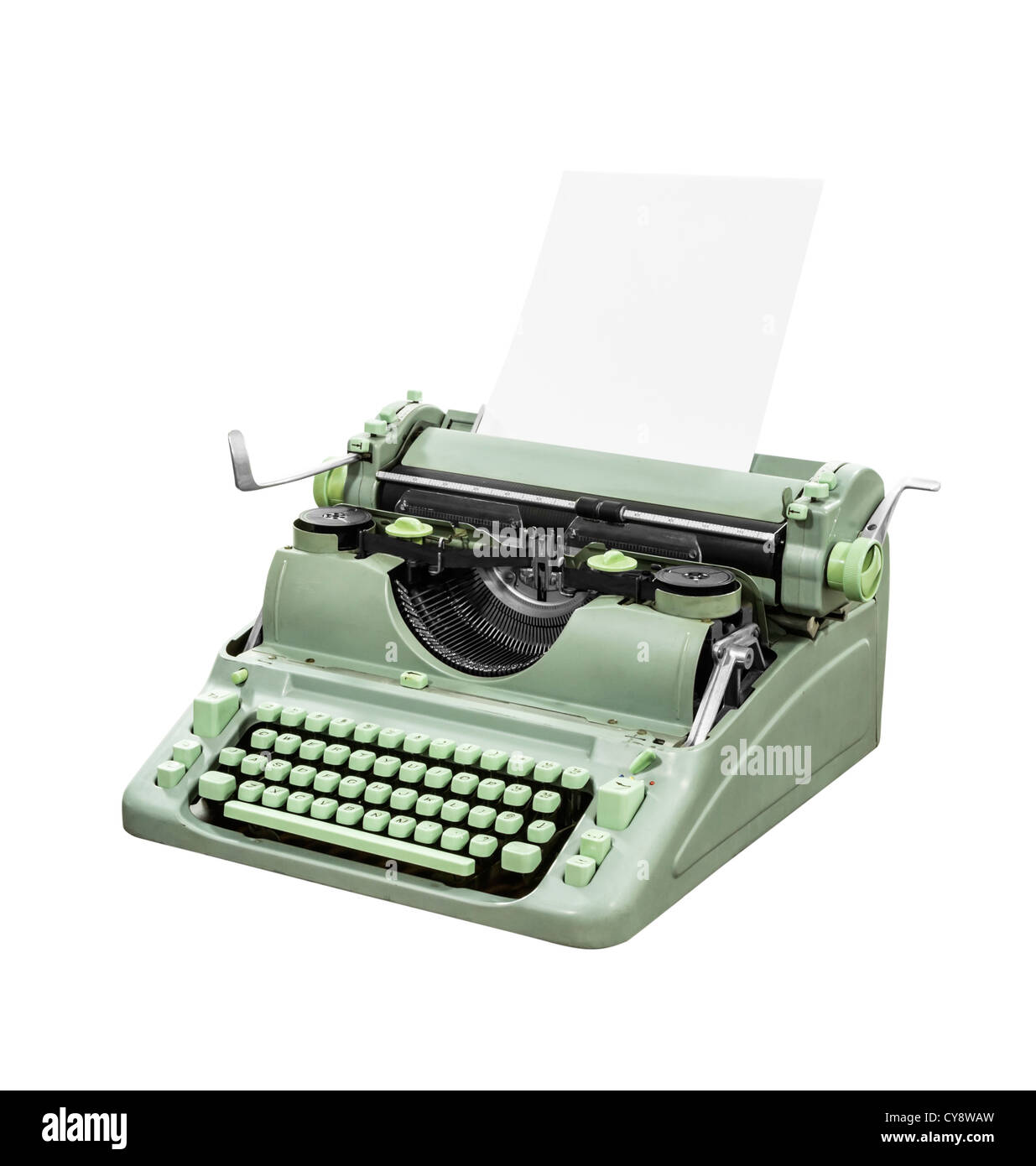 Retro-grüne Schreibmaschine mit Beschneidungspfad isoliert. Stockfoto