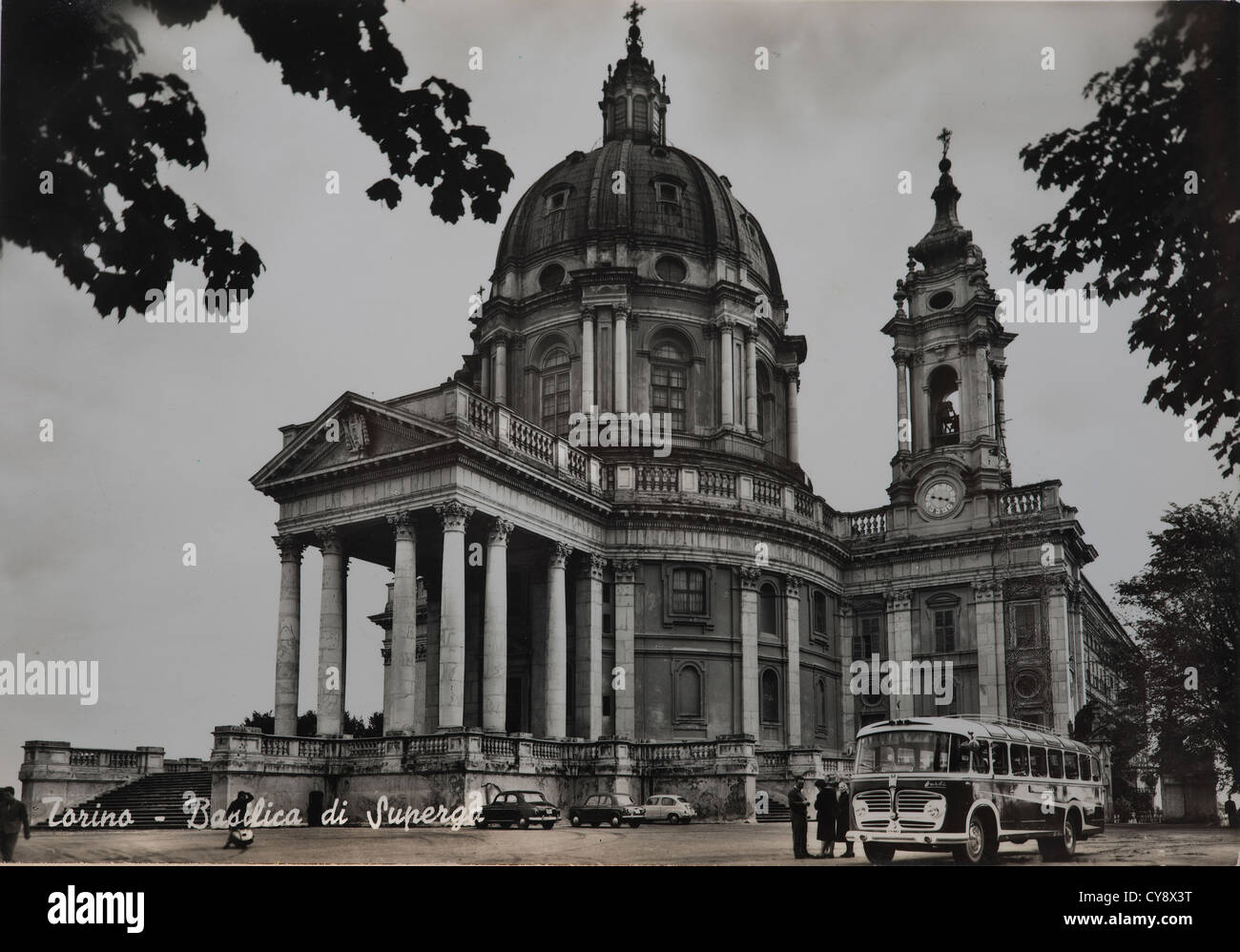 Ein Blick auf die Basilika Superga in Turin in einer alten Postkarte Stockfoto