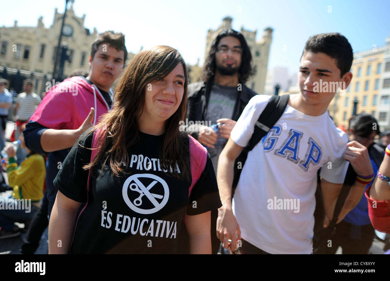 Protest gegen Sparpolitik gegen Haushalt schneidet in der spanischen Stadt Valencia im Jahr 2012. Stockfoto