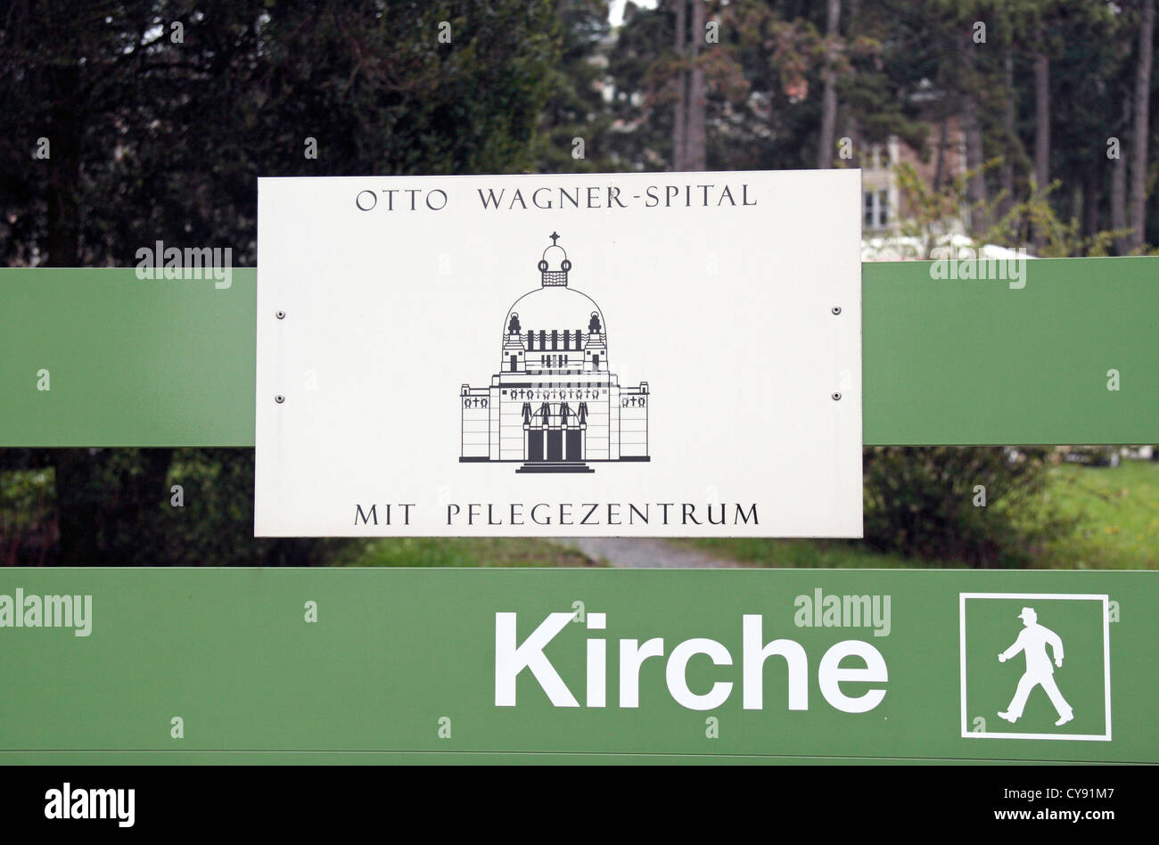 Schild, Besucher Kirche bin Steinhof (Kirche von St. Leopold), Steinhof psychiatrisches Krankenhaus, Penzing, Wien, Österreich Stockfoto