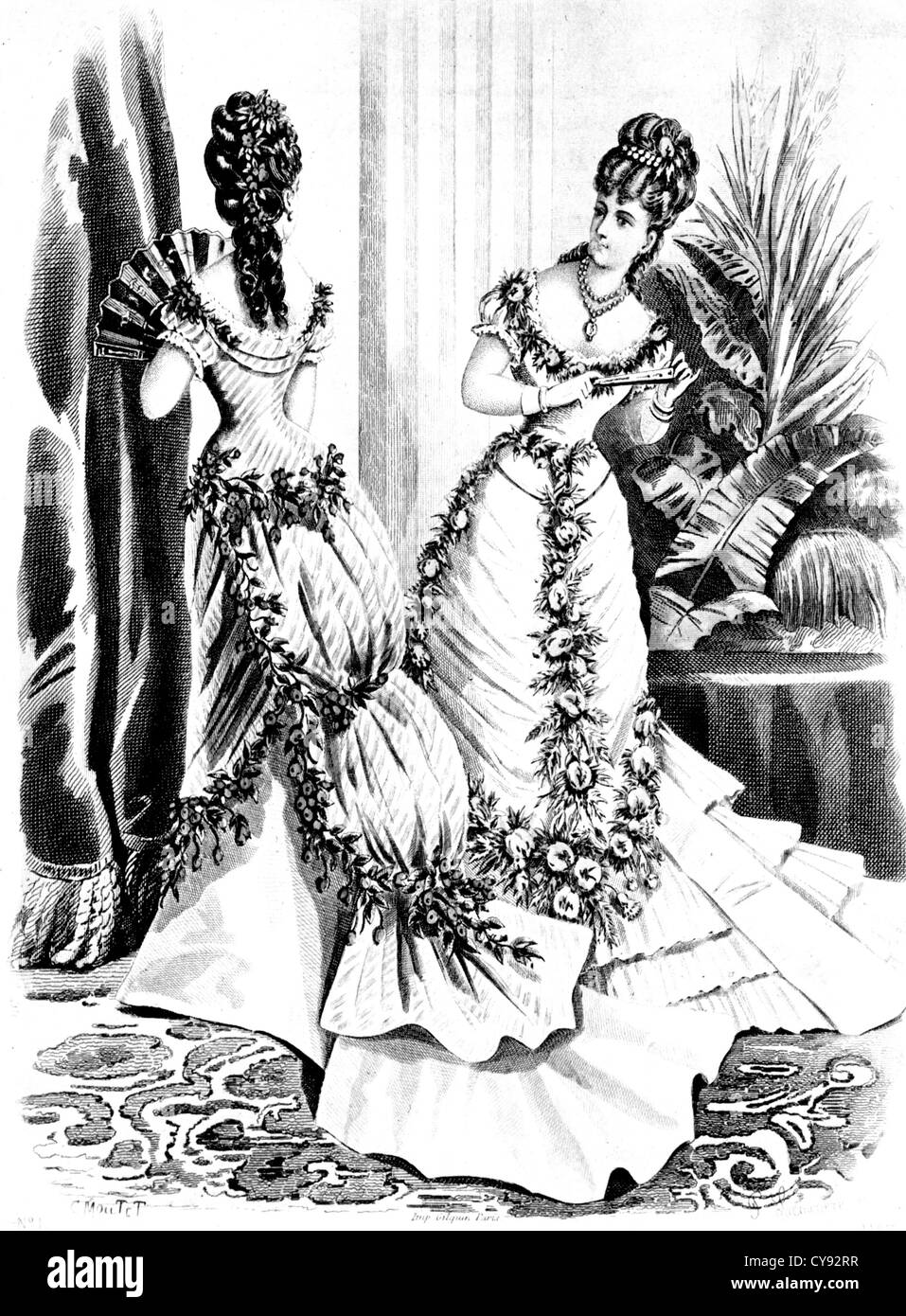 VIKTORIANISCHE WOMENS Abendkleid über 1875 Stockfoto