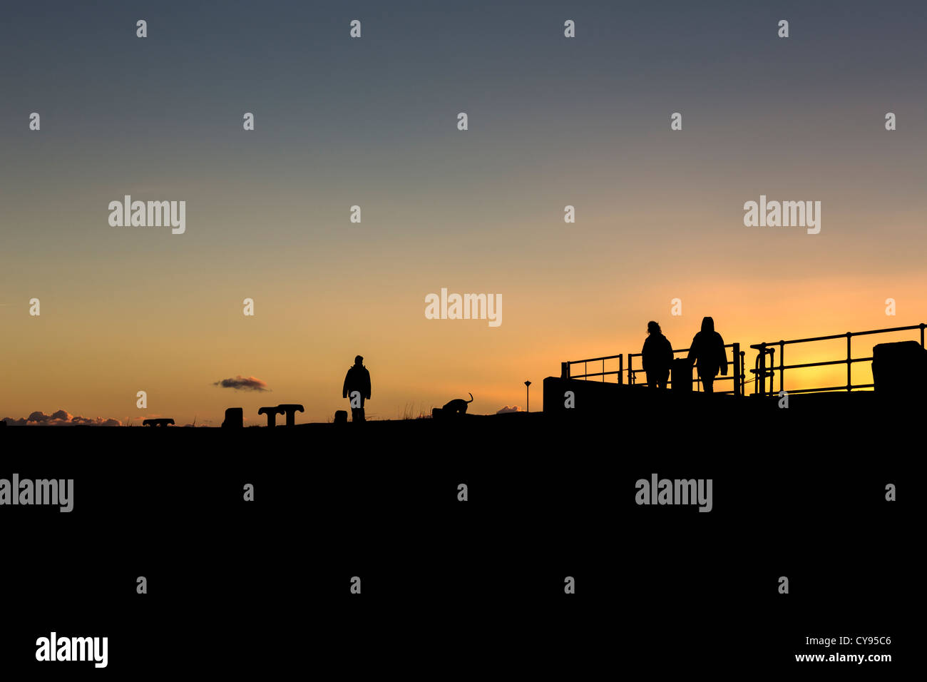 Silhouetten vor einem dramatischen Herbsthimmel, mit drei Personen und ein Hund bei Sonnenuntergang aufgenommen fotografiert. Stockfoto