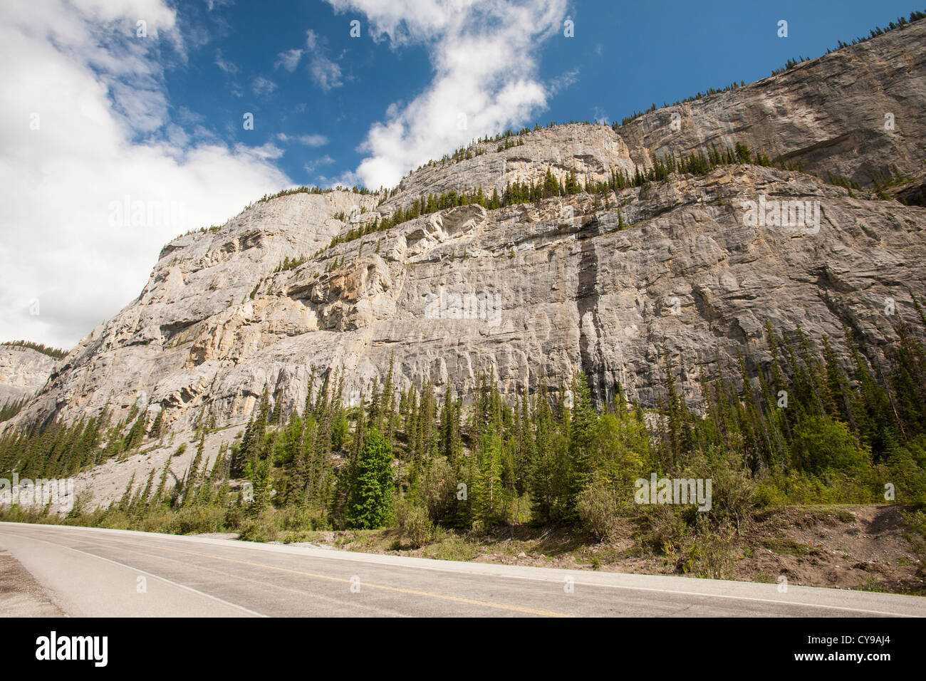 Ein am Straßenrand Klippe auf dem Icefield Parkway in den kanadischen Rockies. Stockfoto