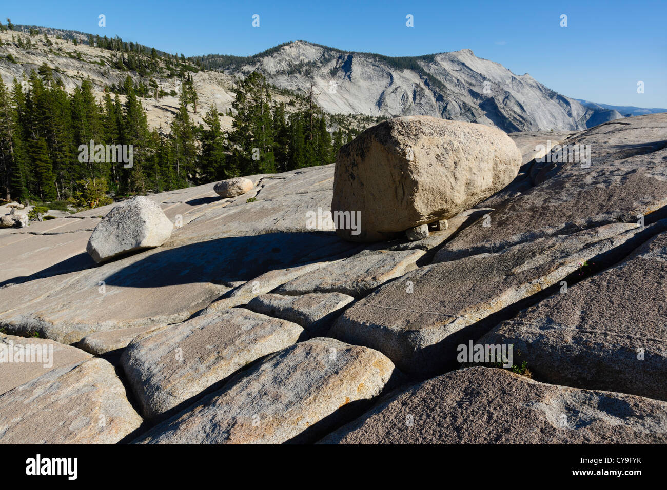 Yosemite, Route 120 - Olmstead Punkt. Findlinge, die durch Gletscher Action und Grykes in den Felsen gestrandet. Stockfoto