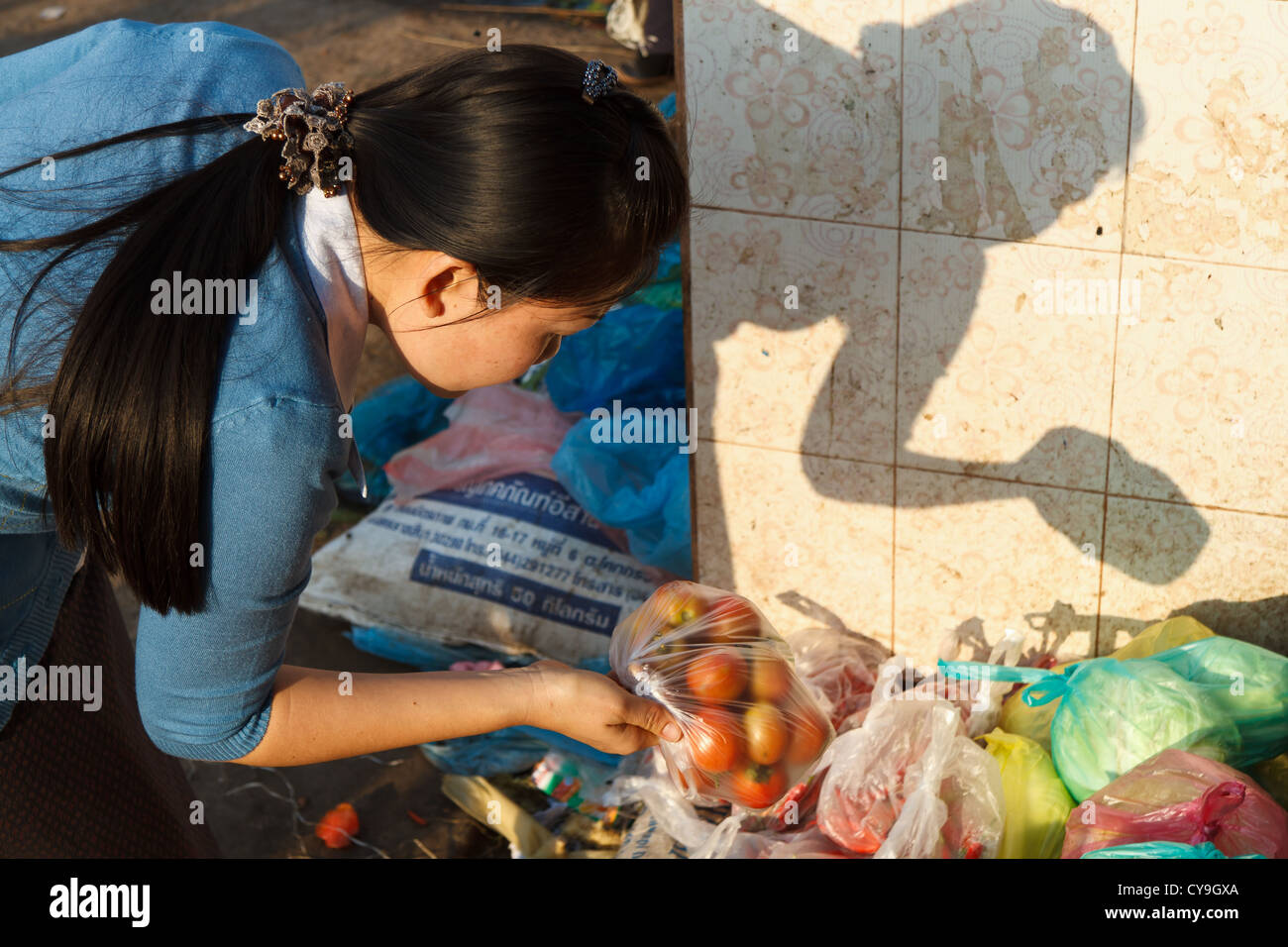 Frau einkaufen auf einem Markt in Vientiane, Laos Stockfoto