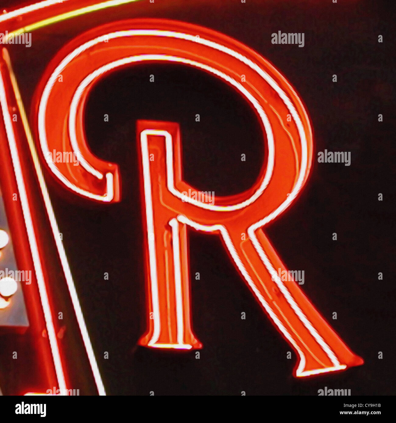Gemälde von dem Buchstaben R in Neon mit Leinwandstruktur ...