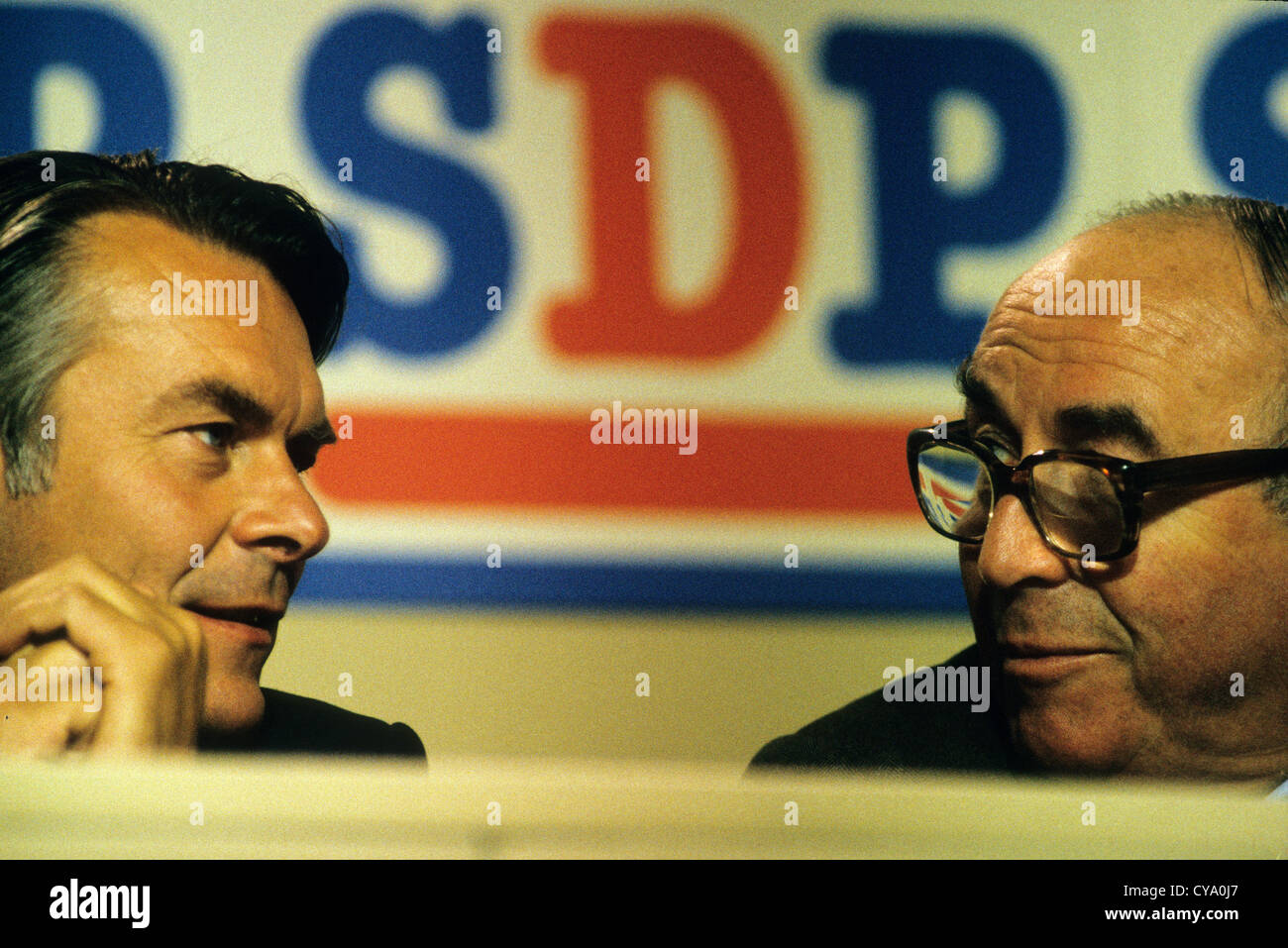 SDP-Konferenz, Torquay, England, UK. 1985. SDP, Sozialdemokratische Partei-Konferenz in Torquay, England. David Owen, Roy Jenkins Stockfoto