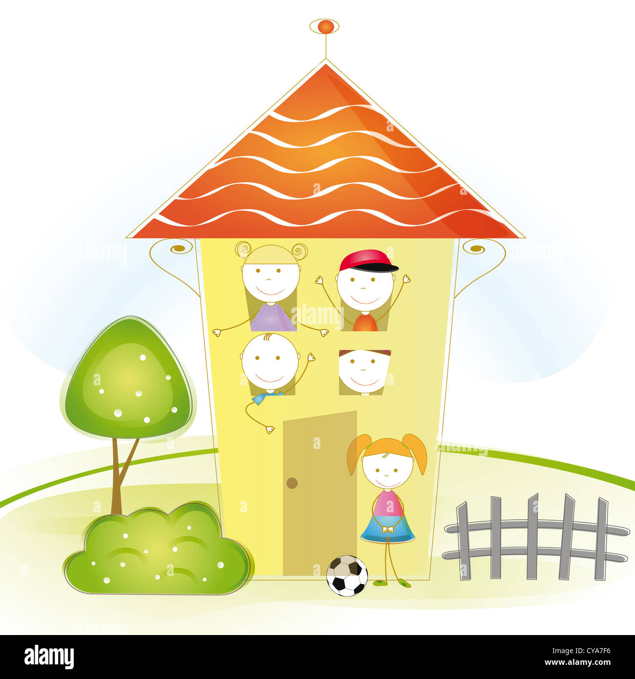 Nette und bunte Illustration mit Kindern im Haus Stockfoto