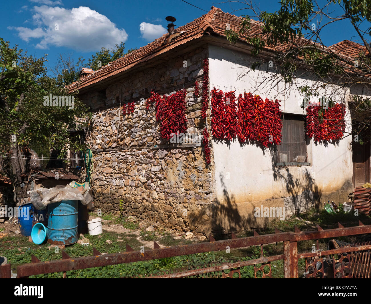 Mazedonische Traditionshaus mit Paprika trocknen draußen in dem kleinen Dorf Miokazi, in der Nähe von Kicevo, Republik von Mazedonien Stockfoto