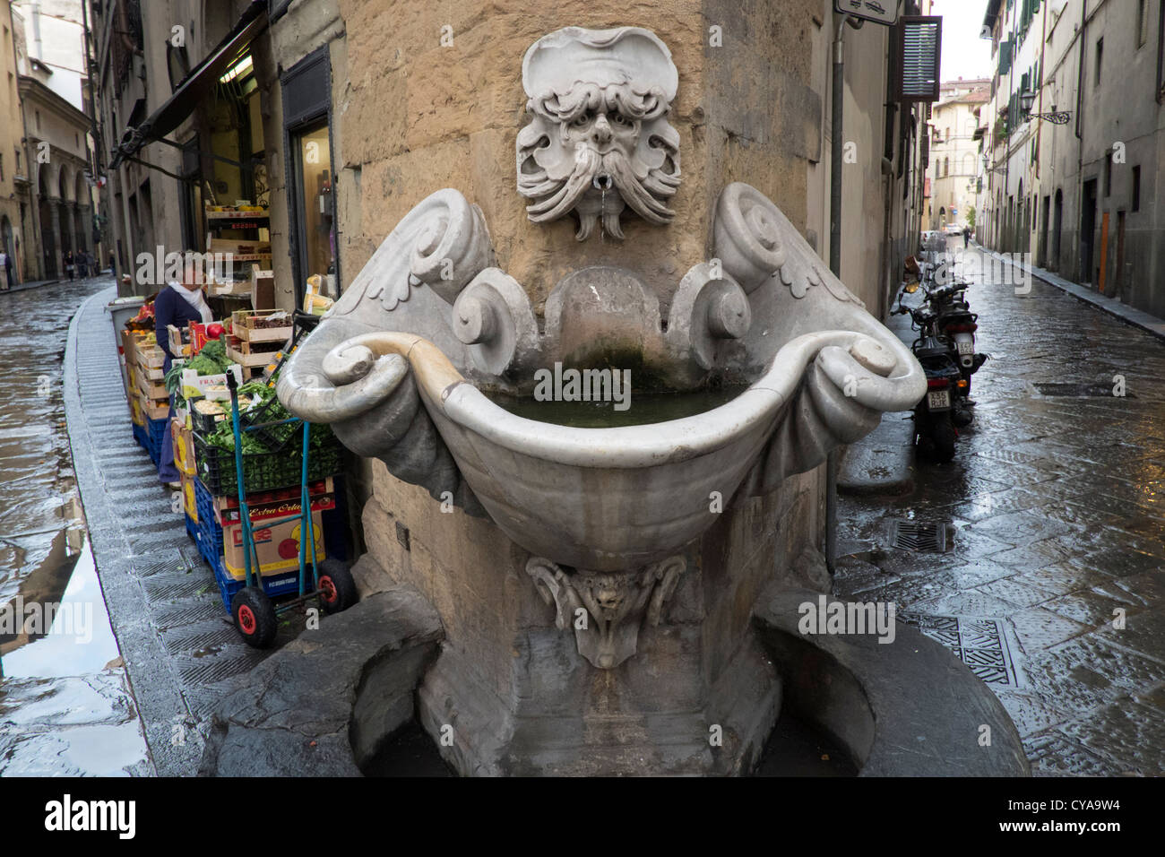 Alten reich verzierten Brunnen auf Straße in Florenz Italien Stockfoto