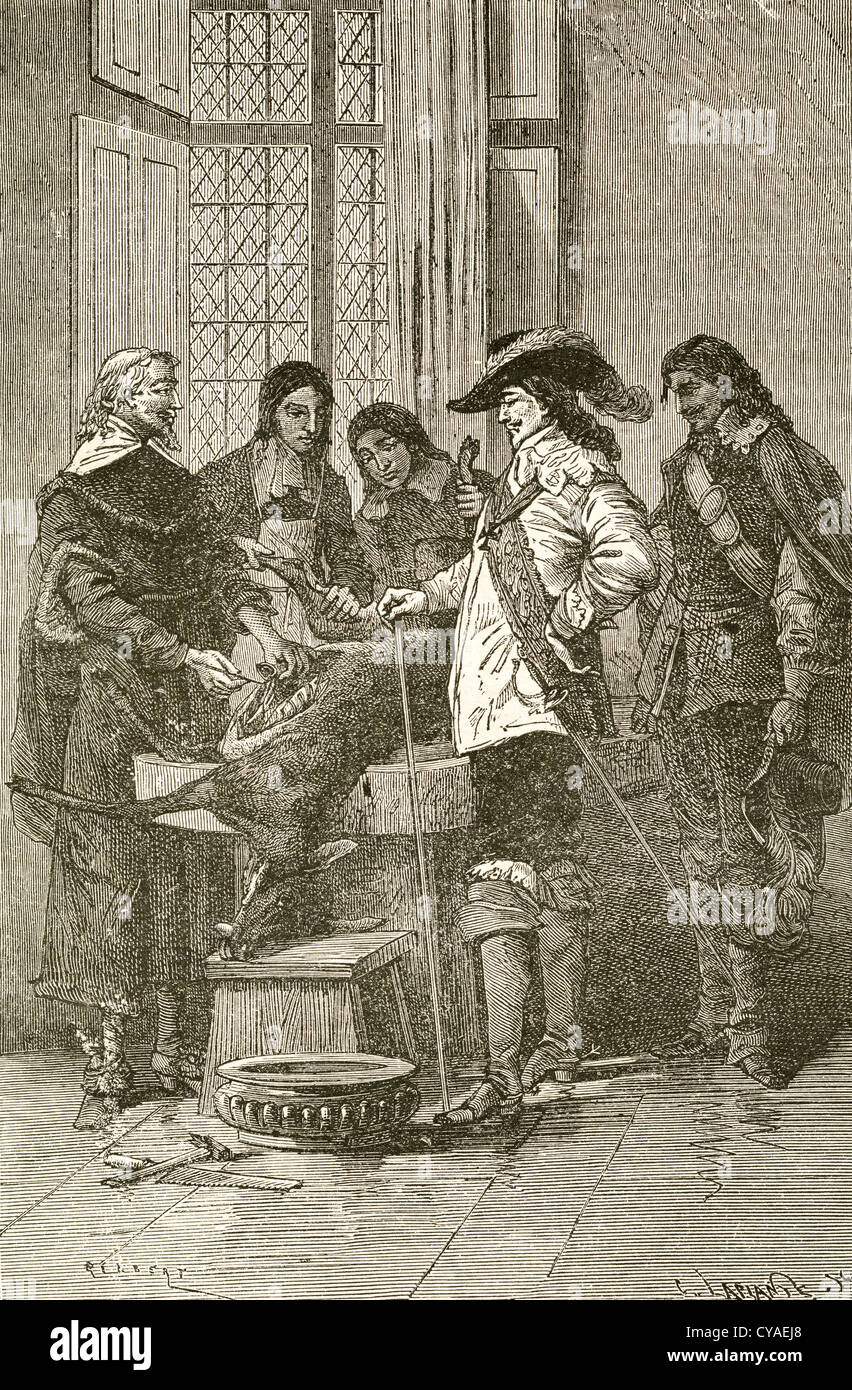 William Harvey, mit einem leben Hirsche, erklärt Charles I den Kreislauf des Blutes. William Harvey, 1578-1657. Einer der führenden englischen Arzt aus der ersten Hälfte des 17. Jahrhunderts. Stockfoto