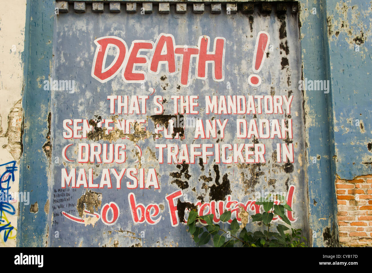 Zeichnung an der Wand des Pudu Gefängnis für die Botschaft der Todesurteile für Drogenhändler in Malaysia. Stockfoto