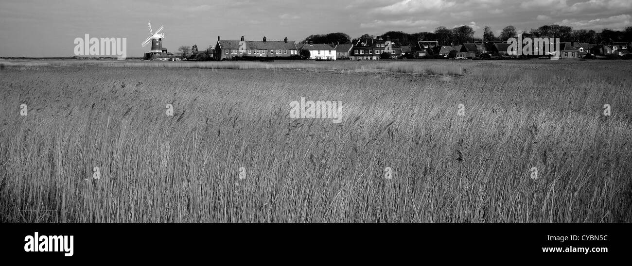 Schwarz / weiß Bild Panorama, Reed Betten, Cley Windmühle, Cley-Next-the-Sea Dorf, die Küste von North Norfolk, England, UK Stockfoto