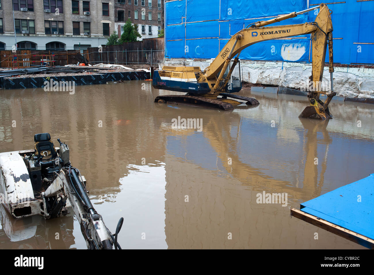 Eine überfluteten Baustelle im New Yorker Stadtteil Hudson Square vor Überflutung von Hurrikan Sandy Stockfoto