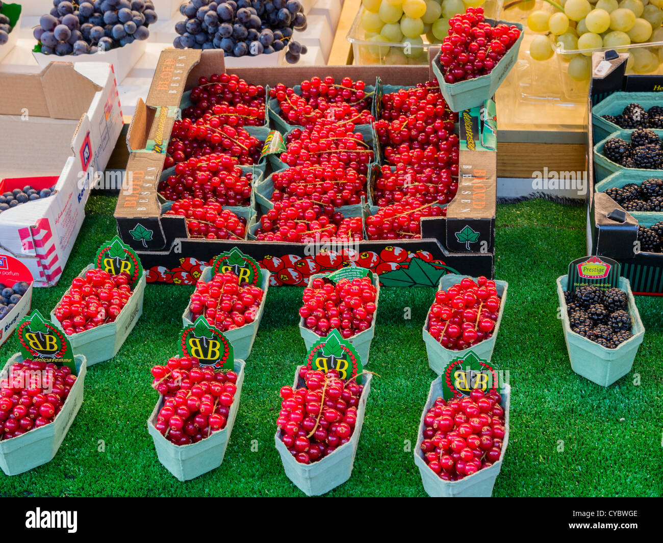 Rote Johannisbeeren in einen Markt für Obst und Gemüse zu verkaufen. Stockfoto