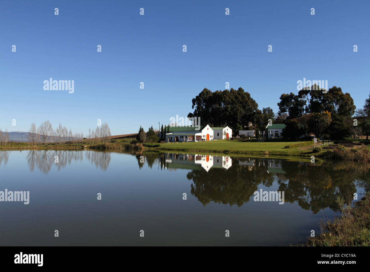 Mischa Wine Estate, Ansicht des Kellers über dem Bauernhof Damm, Wellington, Western Cape, Südafrika. Stockfoto