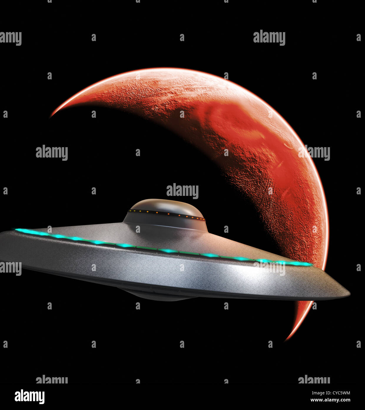 UFO fliegt zum roten Planeten Stockfoto