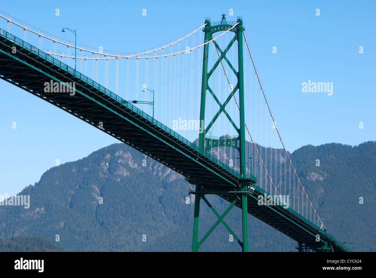 Nach oben auf die Lion Gate Bridge, Vancouver, British Columbia, Kanada mit Bergen im Hintergrund Stockfoto