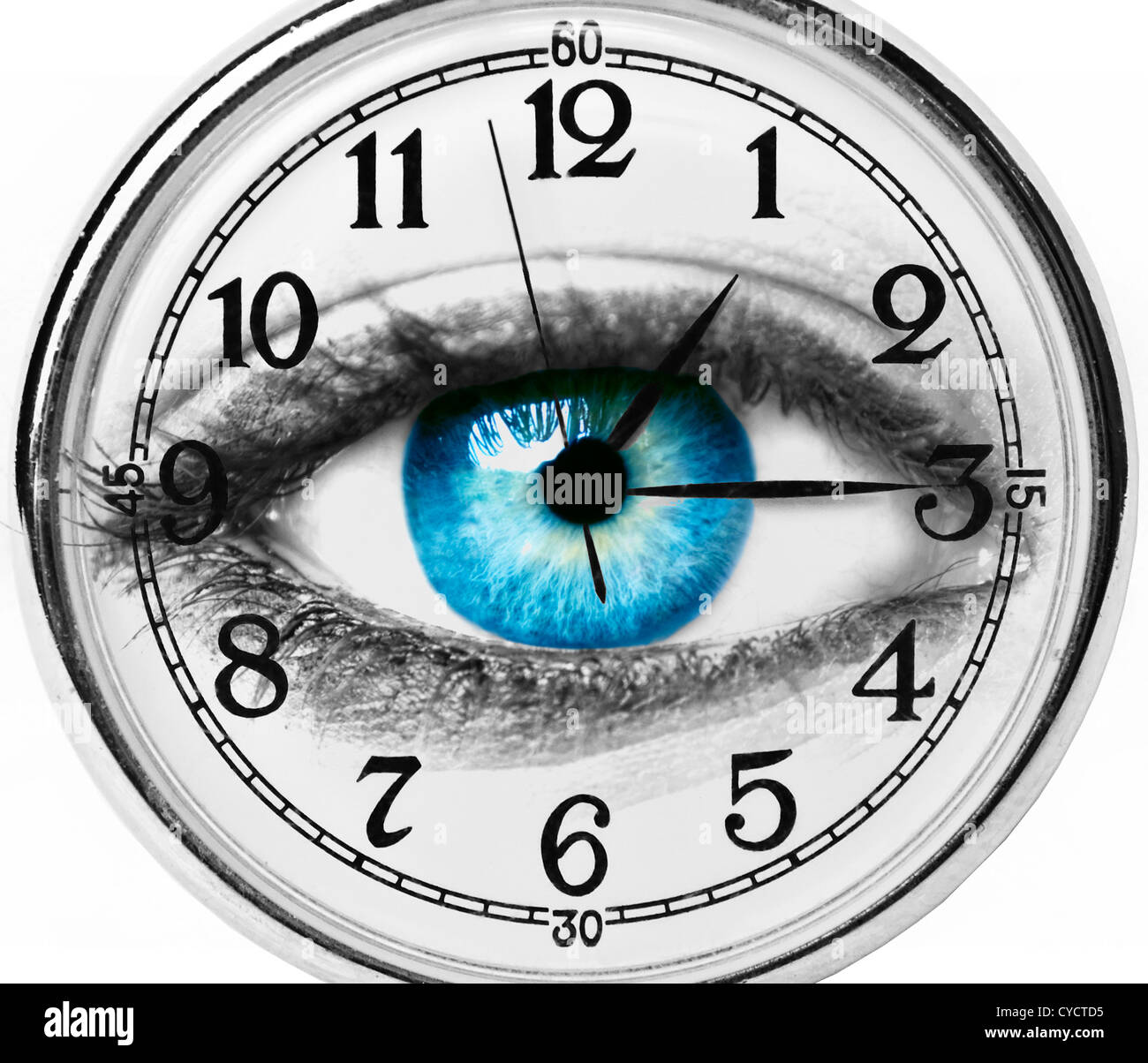 Blaues Auge mit Uhr, isoliert auf weiss Stockfotografie - Alamy