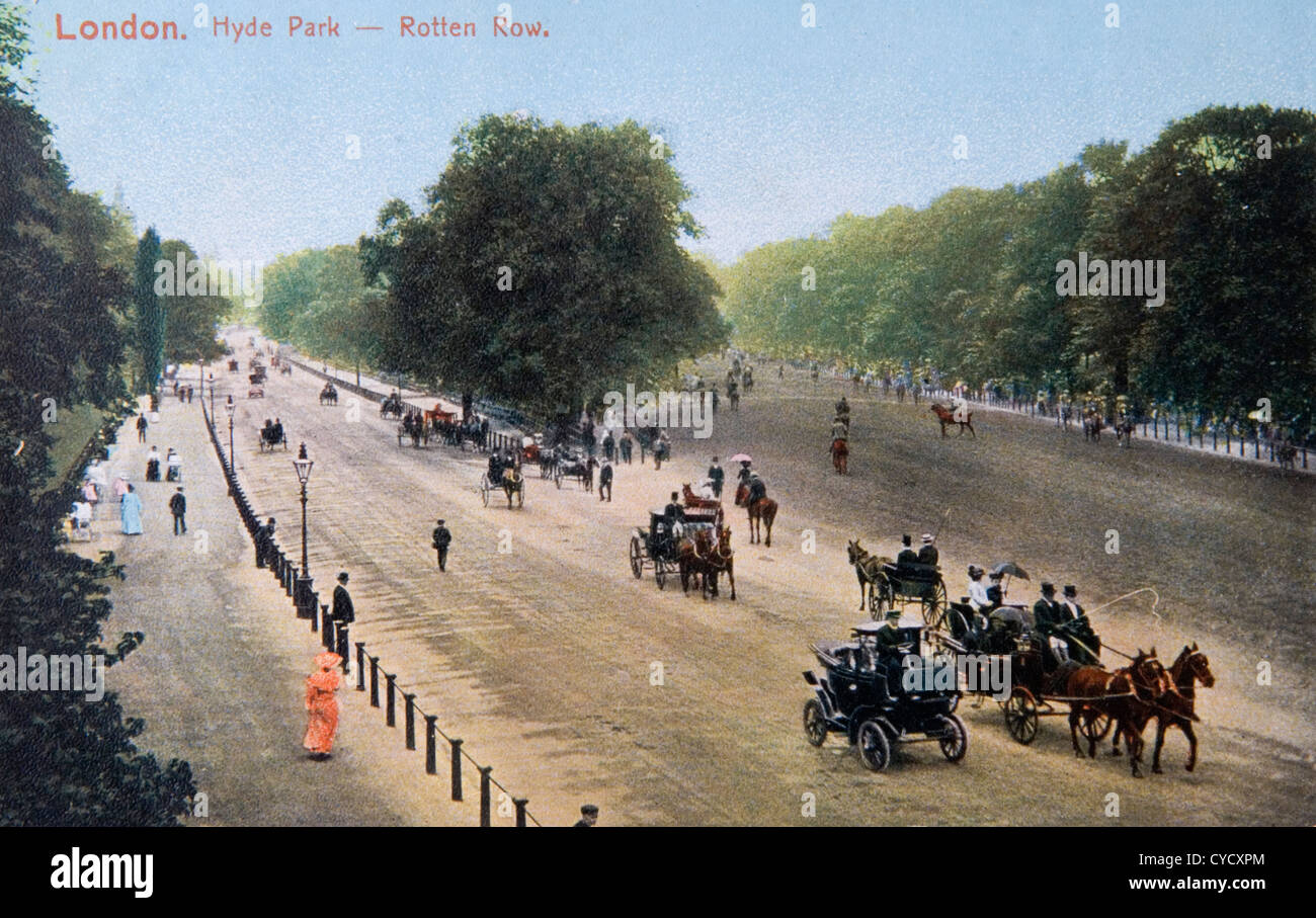 Rotten Row und South Carriage Drive Hyde Park in London um 1900. Ansichtskarte, Hand getönt. Stockfoto
