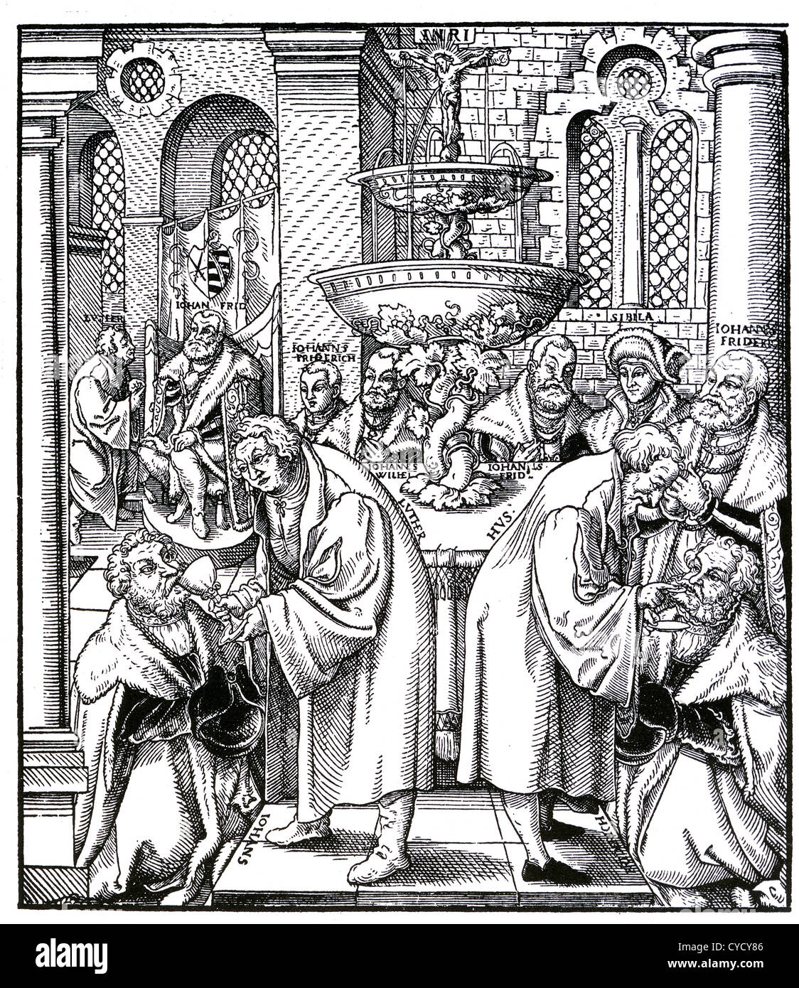 MARTIN LUTHER (1483-1546) auf der linken Seite und Jan Hus geben die Sacrement, beobachtet von einigen von den deutschen Fürsten, die sie unterstützt. Stockfoto