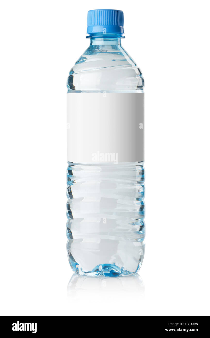Soda-Wasser-Flasche mit leere Beschriftung. Isoliert auf weiss Stockfoto