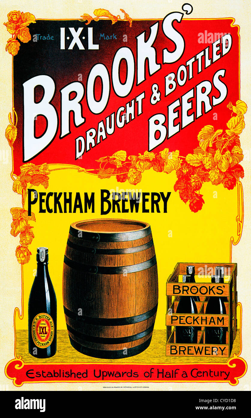 Brooks Peckham Brewery, 1905 bunte Edwardian Plakat für den Süd-Ost-London-Brauer Fass- und Flaschen Bier Stockfoto