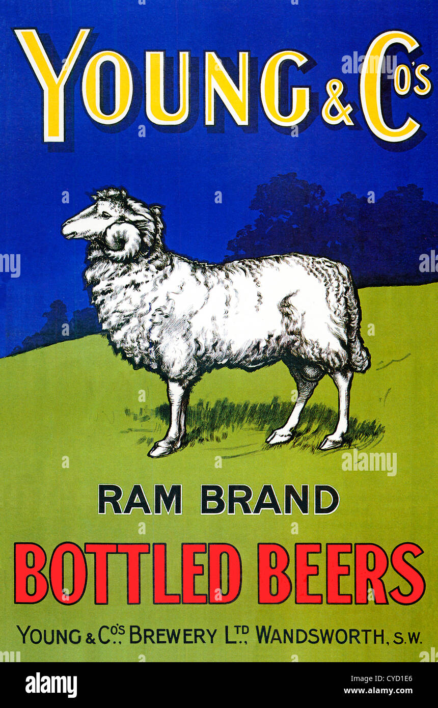 Junge & Co-Brauerei, 1905 Edwardian Plakat für den berühmten Wandsworth Brauer Ram Marke Flaschenbiere Stockfoto