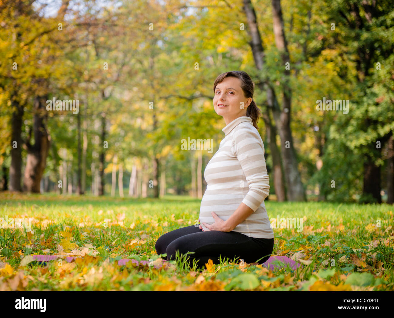 Junge schwangere Frau outdoor im Herbst Natur entspannen Stockfoto