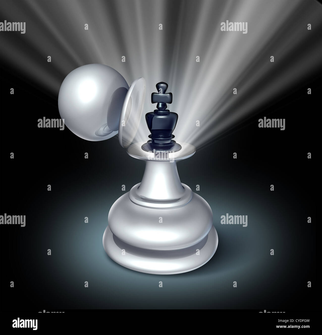 Macht innerhalb und Führungspotenzial als aufstrebende Unternehmen als ein Schach-Spiel king Figur offenbart in einem großen Bauern verkleidet Stockfoto