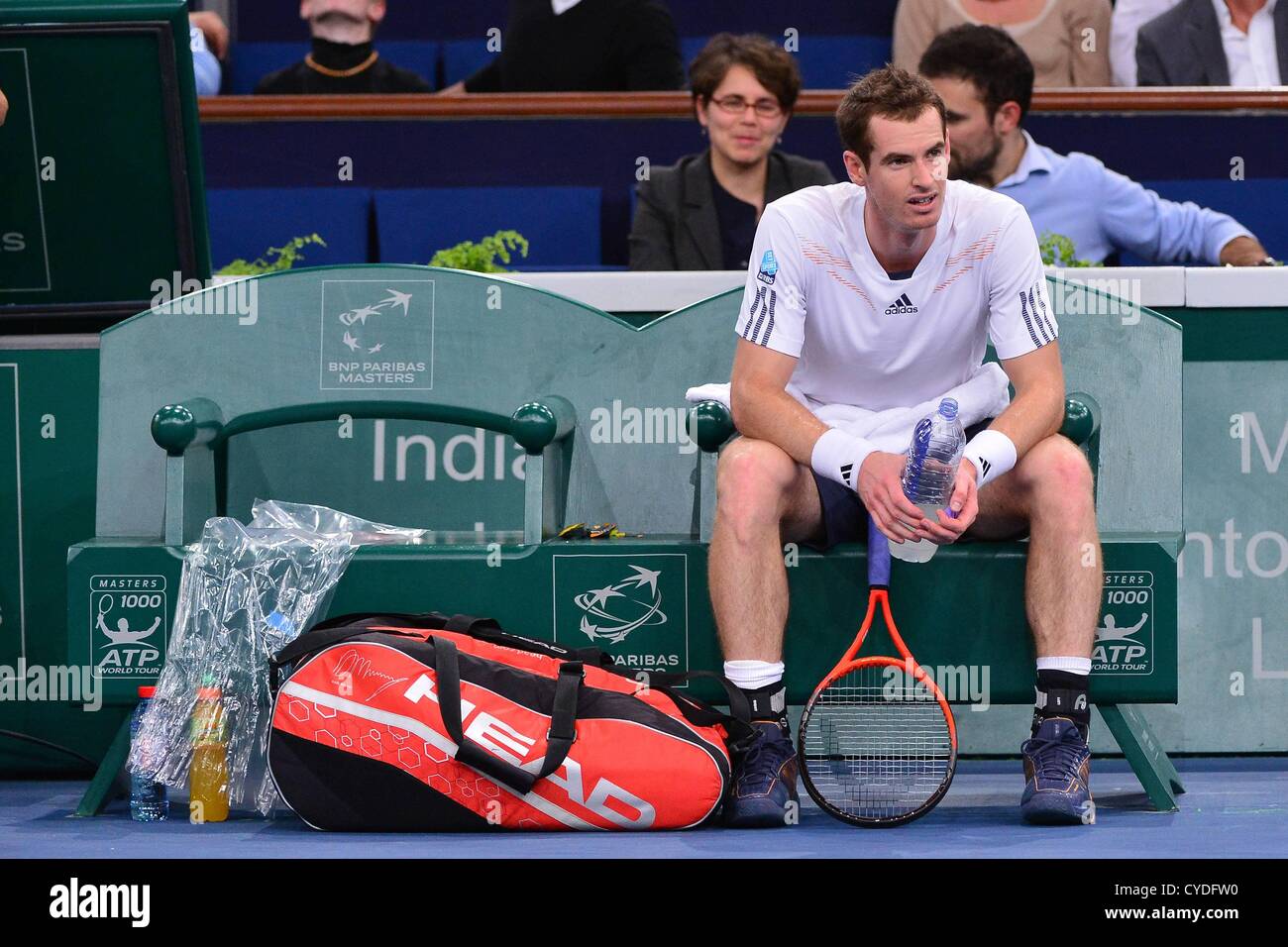 31.10.2012 Paris, Frankreich. Andy Murray in Aktion während seines Spiels mit Jerzy Janowicz in der BNP Paribas Masters ATP World Tour Masters. Stockfoto