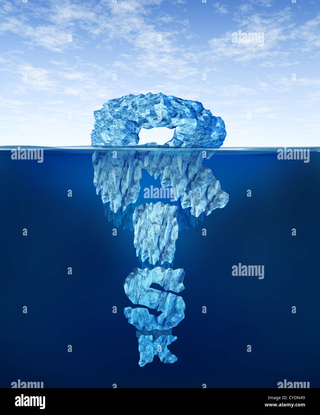 Risk-Eisberg-Konzept als versteckte Gefahren mit einer trügerisch gefährliche Eis im kalten arktischen Wasser mit einem kleinen Teil der gefrorenen Halterung Stockfoto