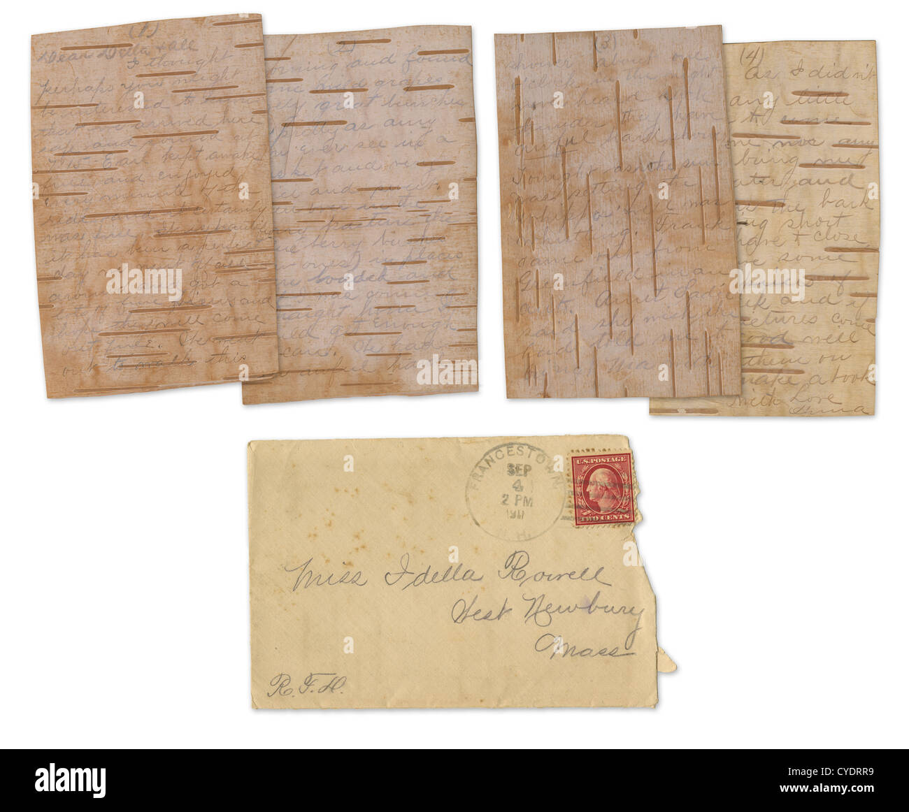 Poststempel 1911 Brief auf echte Birke Rinde Papier, aus Francestown, New Hampshire. Stockfoto
