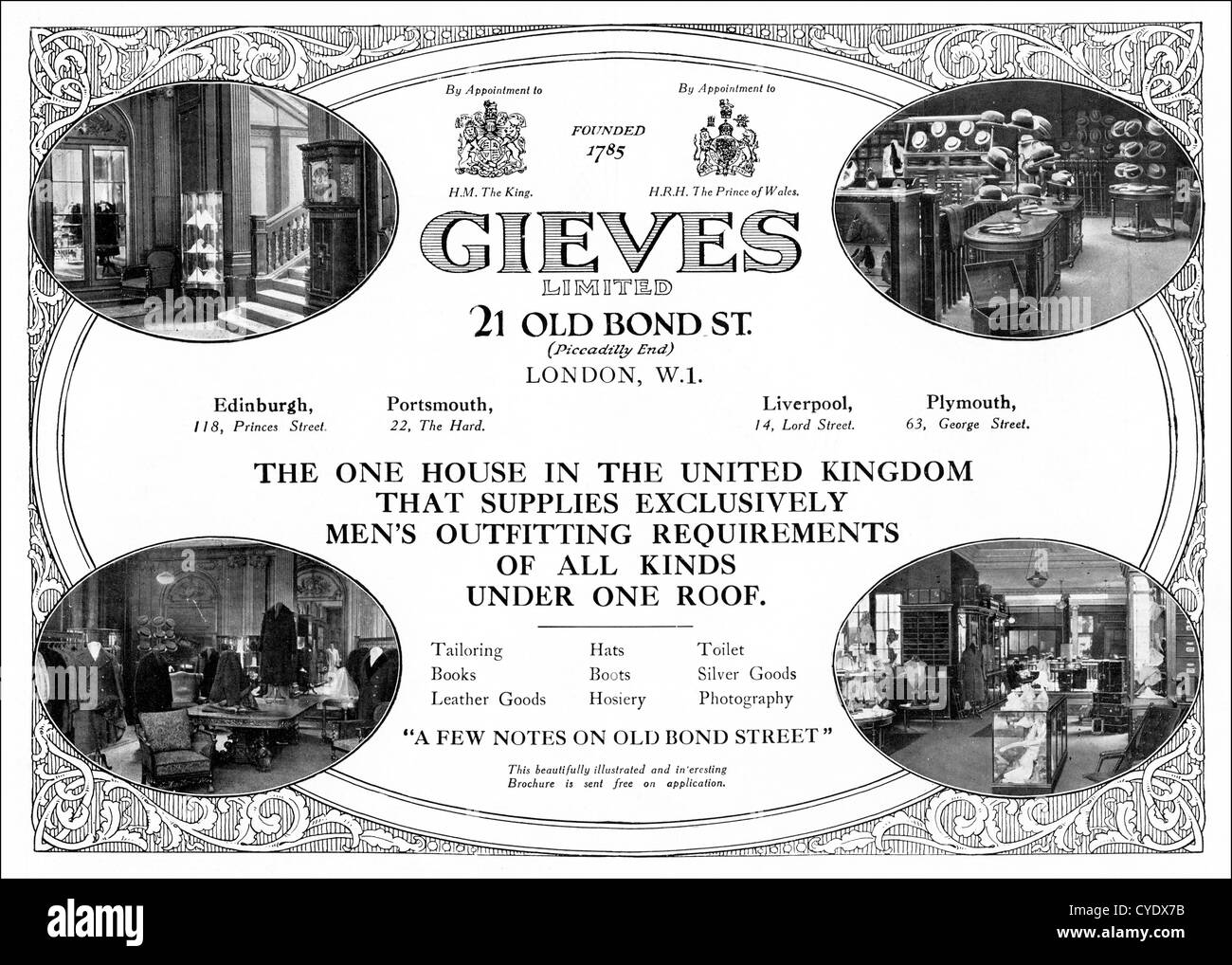 Original 1920er Jahre Vintage Printwerbung aus englischen Magazin Werbung Gieves Limited von Old Bond Street London England Herren outfitters Stockfoto
