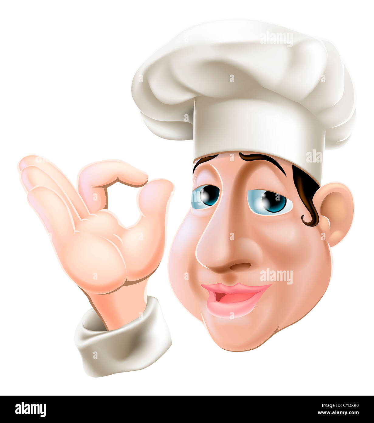Glücklich lächelnd mollig Koch eine Ordnung Geste mit seiner rechten Hand zu tun Stockfoto