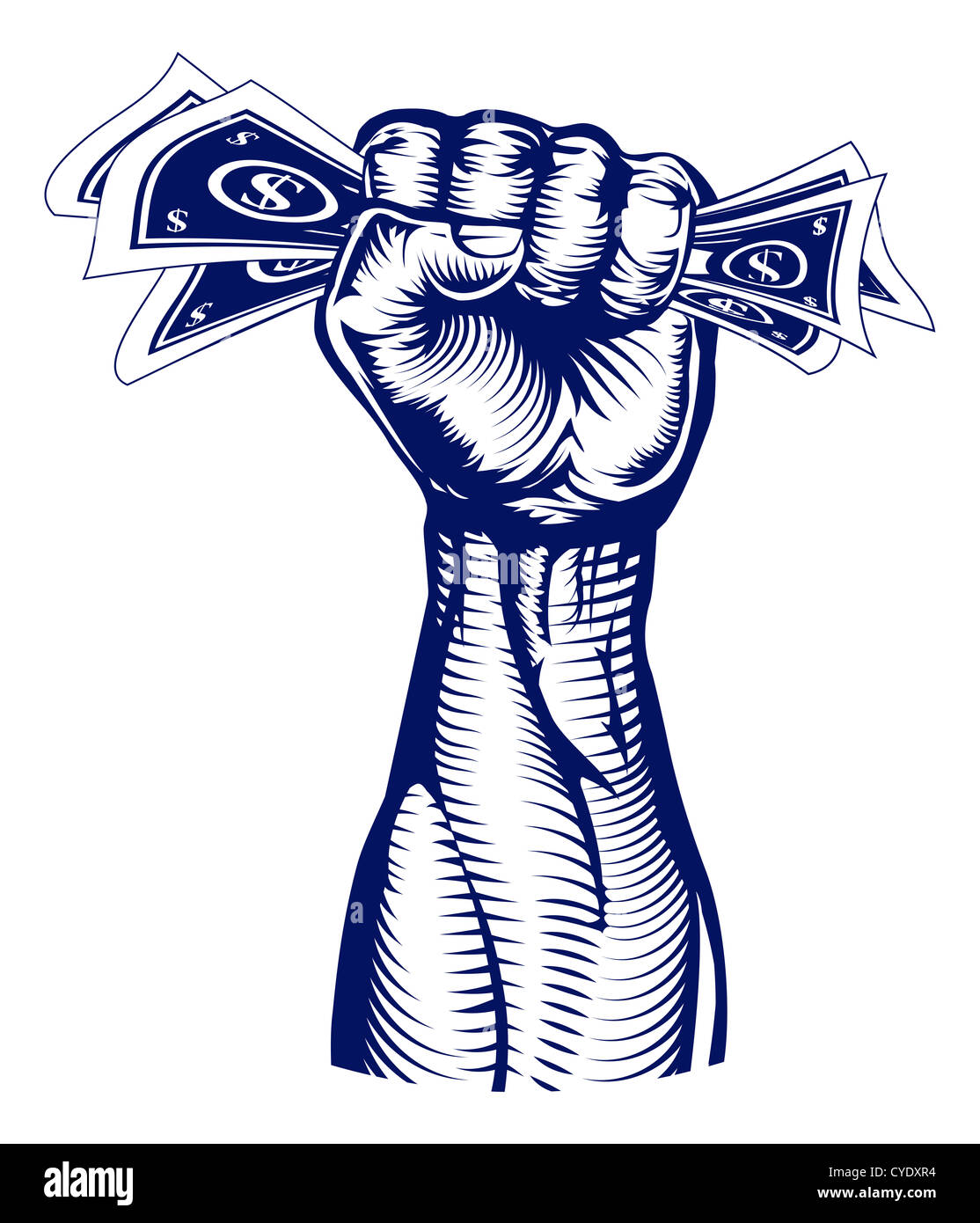 Eine revolutionäre Faust hält eine Hand voll Dollar Rechnungen Geld. Stockfoto