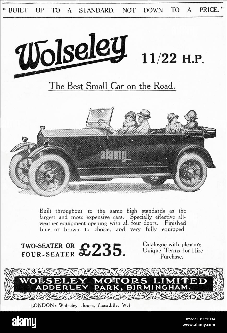 1925 Original Vintage Printwerbung aus der englischen Zeitschrift Werbung Wolseley 11/22 Auto in Birmingham England UK hergestellt Stockfoto